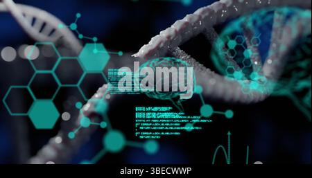 Image of dna rotating over scientific data on black background Stock Photo