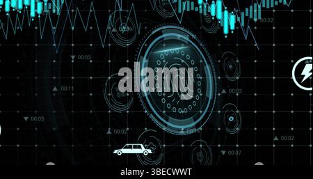 Image of data protection and fingerprint in circle over graph on black background Stock Photo