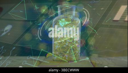 Image of plexus networks over glowing fairy lights in a glass jar against data processing Stock Photo