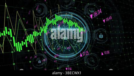 Image of cyber security and padlock in circle over graphs on black background Stock Photo