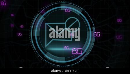 Image of cyber security and email in circle over 6g on black background Stock Photo
