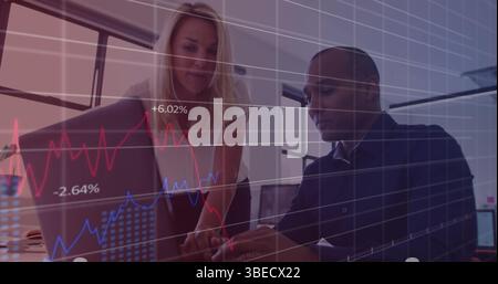 Statistical data processing against diverse male and female office colleagues discussing at office Stock Photo