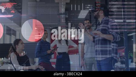 Statistical data processing against man wearing vr headset at office Stock Photo