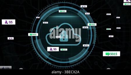 Image of social media icons and numbers with data processing over cloud Stock Photo