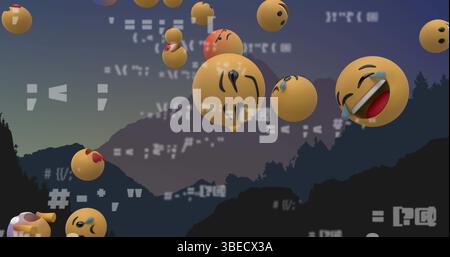 Image of multiple face emojis floating over landscape with mountains and trees Stock Photo