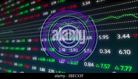 Image of processing circle and financial data on black background Stock Photo