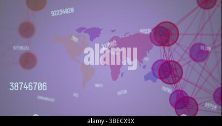 Image of two globes of digital icons and multiple changing numbers over world map Stock Photo