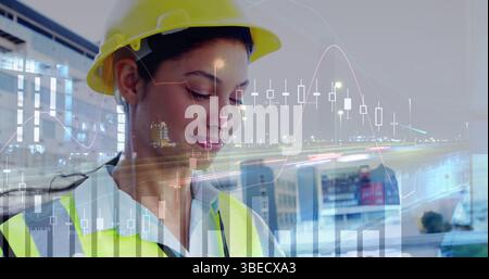 Image of statistical data processing over female architect against night city traffic Stock Photo