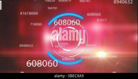 Image of numbers and processing circle over red background Stock Photo