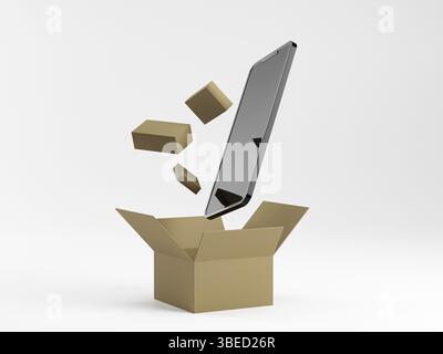 Smartphone with box and small delivery packages on blue background. m-commerce concept. online shopping from phone. package delivery. 3d renders. Stock Photo