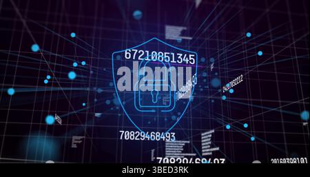 Image of data processing and digital shield with padlock on black background Stock Photo