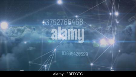 Image of changing numbers and glowing network of connections against dark clouds in the sky Stock Photo