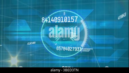 Image of multiple changing numbers and spot of light over round scanner against blue background Stock Photo