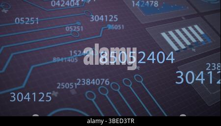 Image of changing numbers over interface with data processing and microprocessor connections Stock Photo