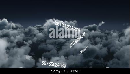 Image of multiple changing numbers floating over dark clouds in the sky Stock Photo