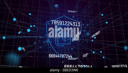 Image of data processing and digital shield with padlock on black background Stock Photo