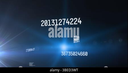 Image of multiple changing numbers floating over blue spot of light against black background Stock Photo