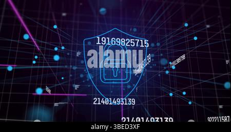 Image of data processing and digital shield with padlock on black background Stock Photo