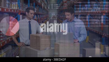 Image of data processing over caucasian workers in warehouse Stock Photo