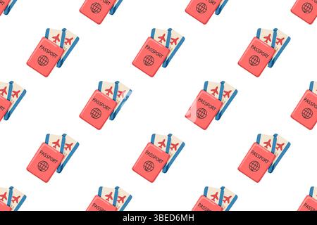 Seamless summer travel pattern with passport and tickets, placed in a repeating diagonal layout. Cartoon style vector background Stock Vector