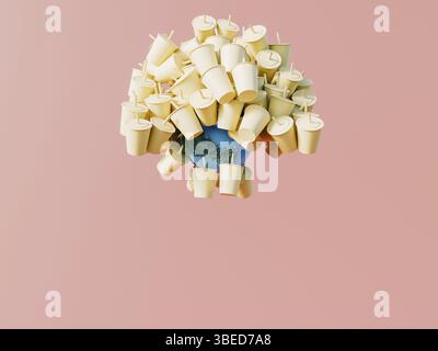Many plastic cups levitating near planet Earth on pink background. Plastic pollution ecology problem. 3d render. High quality 3d illustration Stock Photo