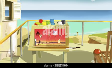 A surreal digital painting of an outdoor art setup on a balcony overlooking the ocean. Paint jars, brushes, and a canvas featuring a dreamlike desert Stock Photo