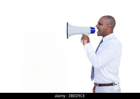 African American man in business attire shouting through megaphone in white studio, copy space Stock Photo