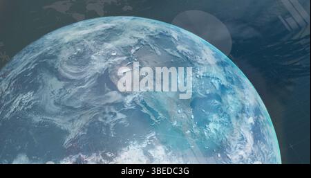 Rotating Earth in orbit with clouds, continents and grid overlay, world map silhouette, lens flare Stock Photo