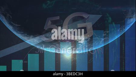 Image of data processing and 5g text over globe Stock Photo