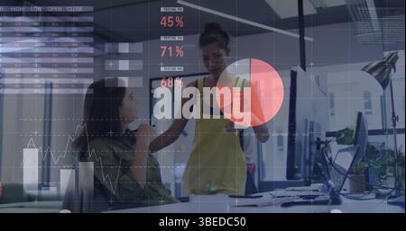 Statistical data processing against two diverse female office colleagues discussing at office Stock Photo