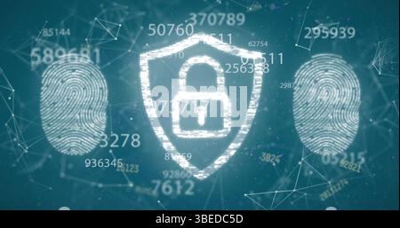 Image of multiple numbers over security padlock and fingerprint scanner Stock Photo