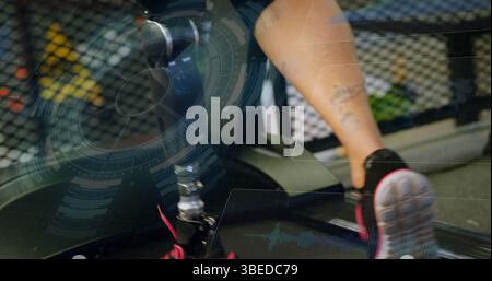 Image of data processing over caucasian woman with prosthetic leg walking on treadmill Stock Photo