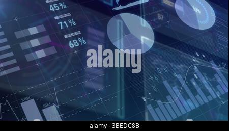 Statistical data processing over digital interface with data processing against blue background Stock Photo
