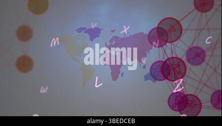 Image of two globes of digital icons and alphabets over world map against grey background Stock Photo