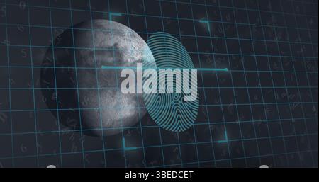 Image of biometric fingerprint scanner over grid network and moon against grey background Stock Photo