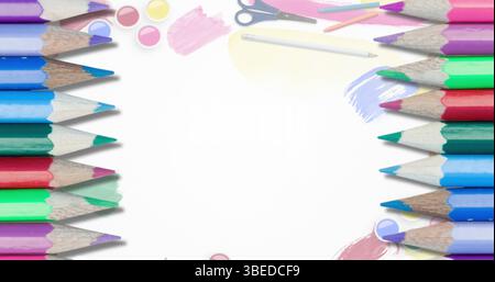 Image of colour pencils and school icons over white background with copy space Stock Photo