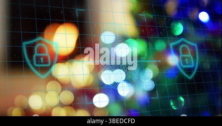 Image of biometric fingerprint scanner over grid network and spots of light on grey background Stock Photo