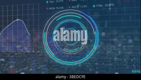 Image of processing circle and financial data on navy background Stock Photo