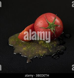 Fresh wet tomatoes on a black background. sliced tomatoes with pulp Stock Photo