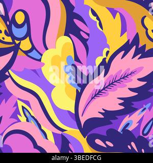 Colorful seamless pattern with chaotic floral and psychedelic abstract elements. Vector illustration. Stock Vector
