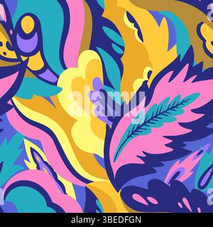Colorful seamless pattern with chaotic floral and psychedelic abstract elements. Vector illustration. Stock Vector
