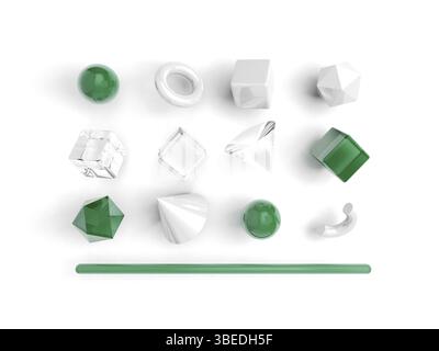 Set of 3d render realistic primitives on white background. Green and white colors. Abstract trendy background. Top view Stock Photo