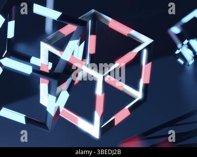 3d render of blochain cobes in neon blue light. Big data concept. Artificial intellegence. abstract tech background. High quality 3d illustration Stock Photo