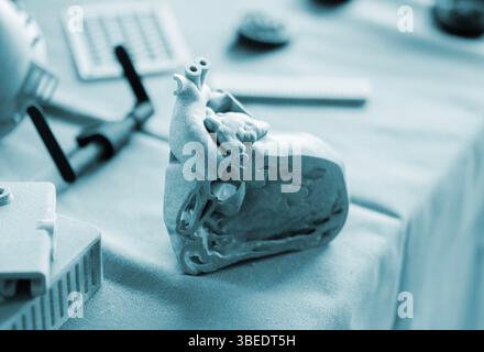 A prototype of a human heart in section printed on a 3D printer. An object created on a 3D printer from sintered plastic powder. New modern additive technologies. 3D Printing technology Stock Photo