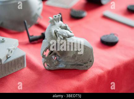 A prototype of a human heart in section printed on a 3D printer. An object created on a 3D printer from sintered plastic powder. New modern additive technologies. 3D Printing technology Stock Photo