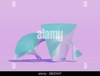 Abstract transparent 3d render of glass objects in pink studio. Blue color stand. High quality 3d illustration Stock Photo
