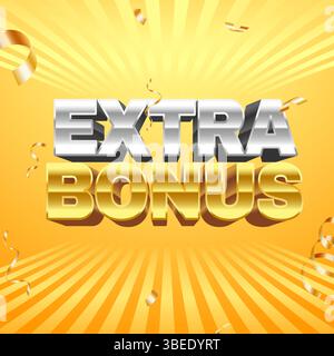 Golden and silver extra bonus 3d text effect over a yellow radial background with falling confetti, ideal for marketing campaigns Stock Vector