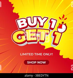 Buy 1 get 1 sale banner template promoting a limited-time offer with a ticking stopwatch Stock Vector