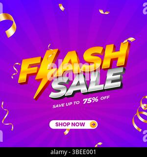 Marketing banner announcing flash sale with lightning bolt and confetti, offering discounts up to 75% off Stock Vector