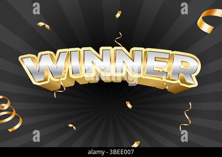 Gold and silver winner text lettering with confetti on radiating black background, celebrating success and achievement Stock Vector
